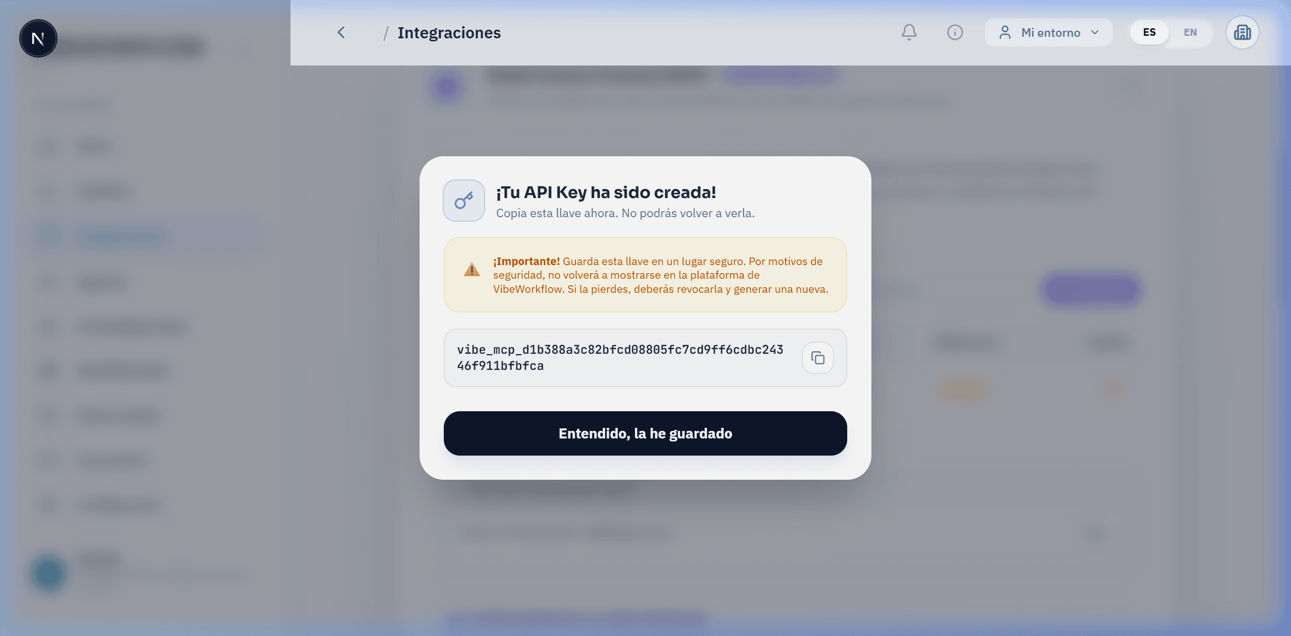 Modal de confirmación de API Key generada