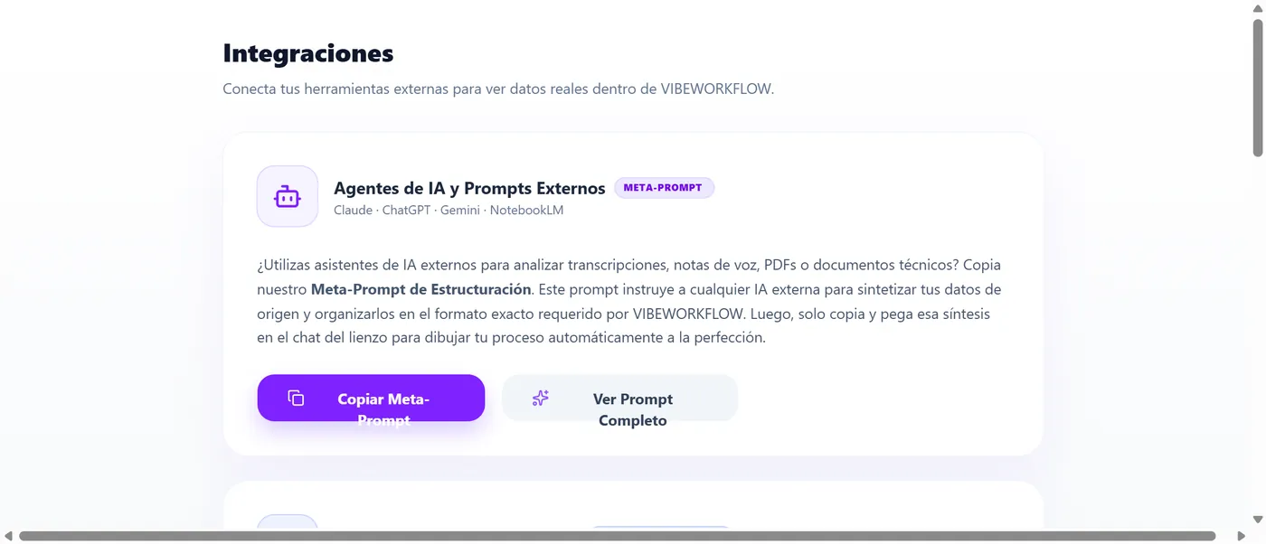 Panel de integraciones de VIBEWORKFLOW conectando agentes de IA y herramientas externas al flujo de proceso