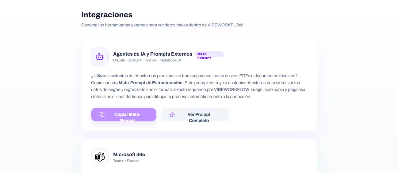 Pantalla de integraciones de VIBEWORKFLOW con herramientas externas